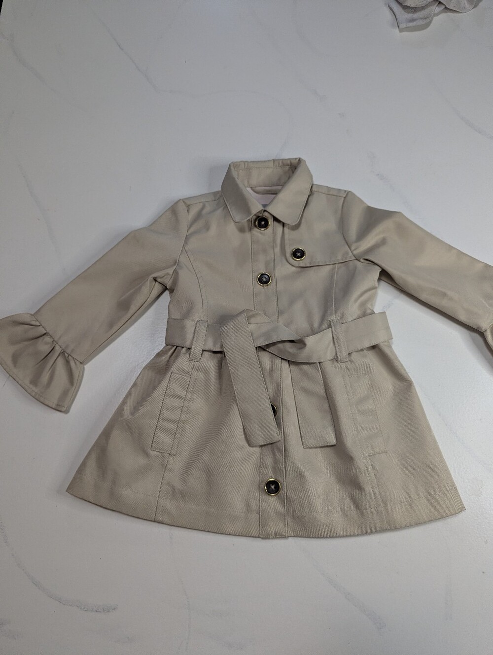 Tahari Kids Girl Beige Trench Coat Jacket Ruffle Bell Sleeve Belted 18M